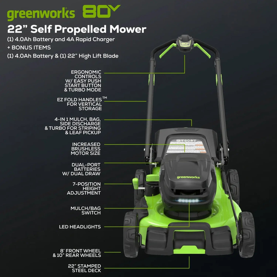 80V 22" Cordless Battery Dual Blade Self-Propelled Lawn Mower: (2) 4.0 Ah Batteries and Rapid Charger, LM2208S