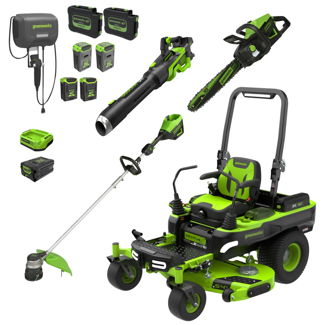 60V 54" MaximusZ Zero Turn Riding Mower 4PC Combo Kit with (2) 20.0 Ah: (2) 8.0 Ah: (2) 4.0 Ah and (1)2.5 Ah Batteries and (2) Charger