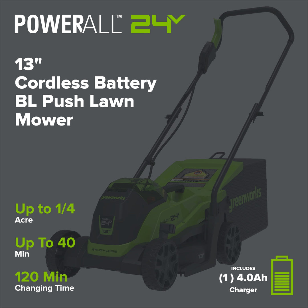 24V 13" Cordless Battery BL Push Lawn Mower: 4.0 Ah Battery and Charger, LM1312