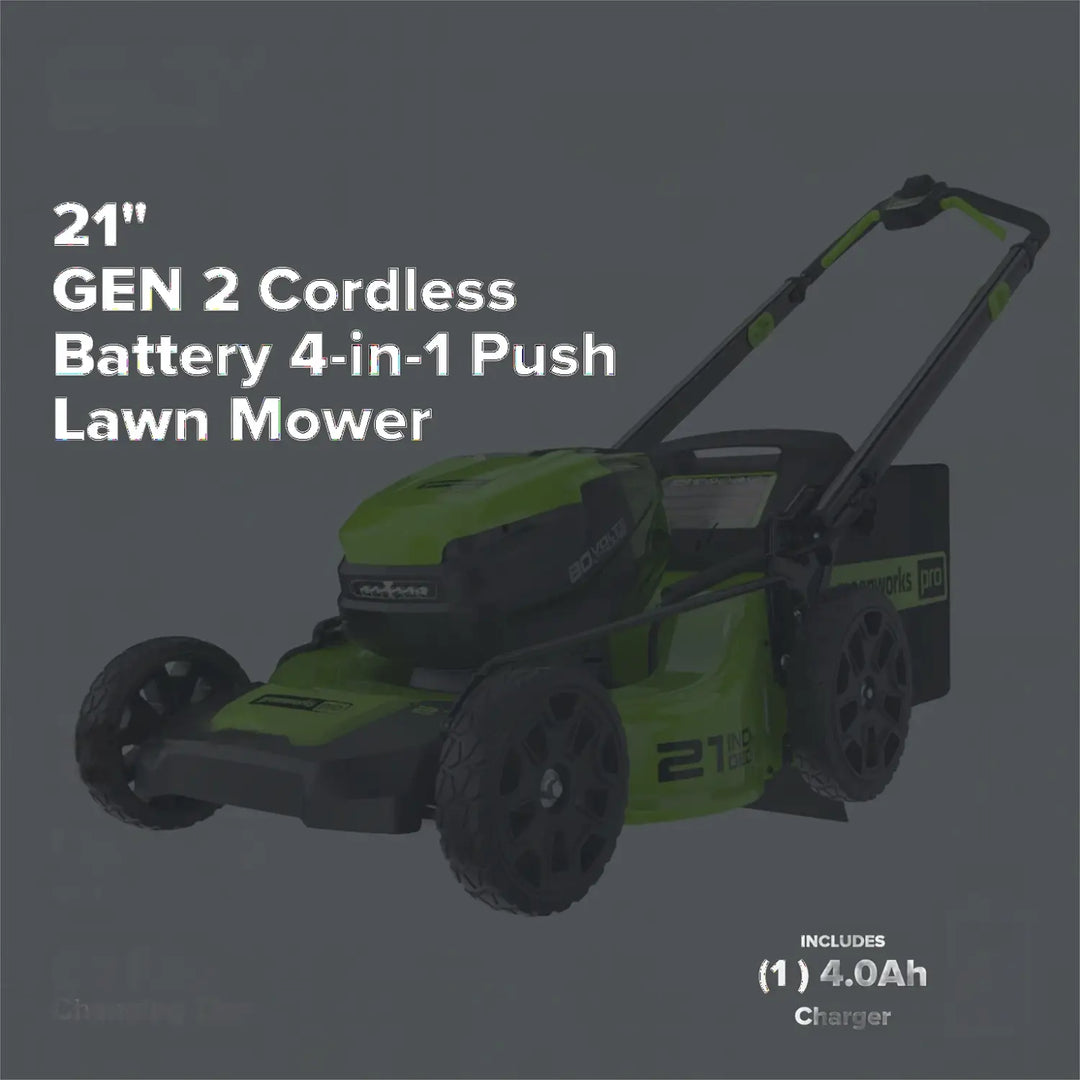 80V 21" GEN 2 Cordless Battery 4-in-1 Push Lawn Mower (Auto Switch): 4.0 Ah Battery and Charger, LM2118