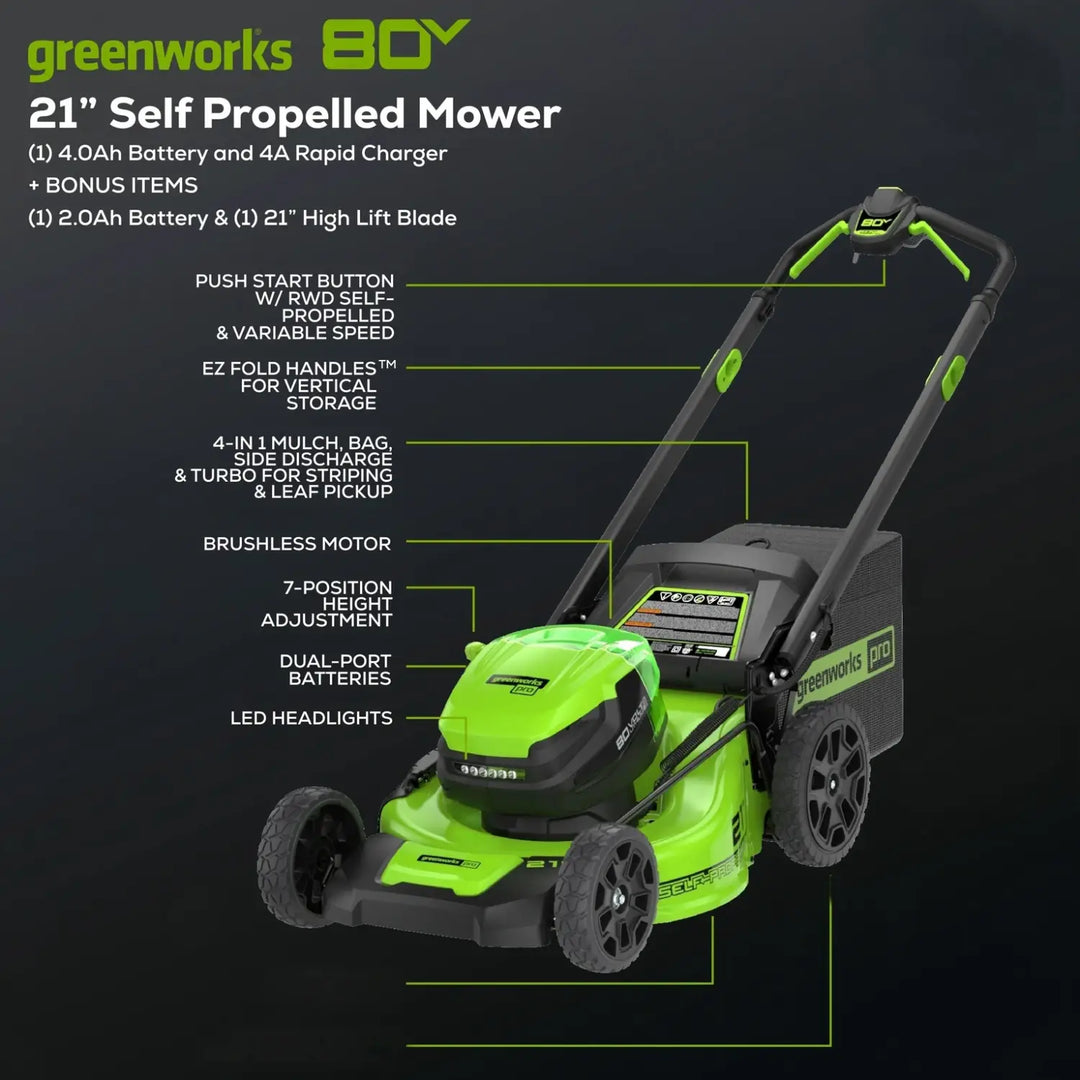 OPEN BOX 80V 21" Cordless Battery 4-in-1 Self-Propelled Lawn Mower: 4.0 Ah: 2.0 Ah Battery and Rapid Charger, LM2118S