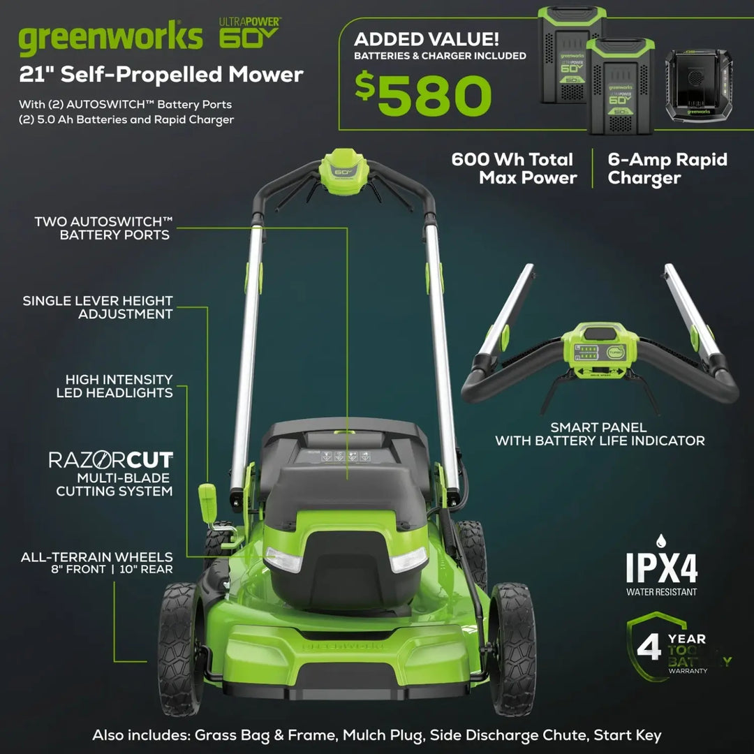 60V 21" Cordless Battery Self-Propelled Mower: (2) 5Ah Battery and 6A Rapid Charger, LM2156S