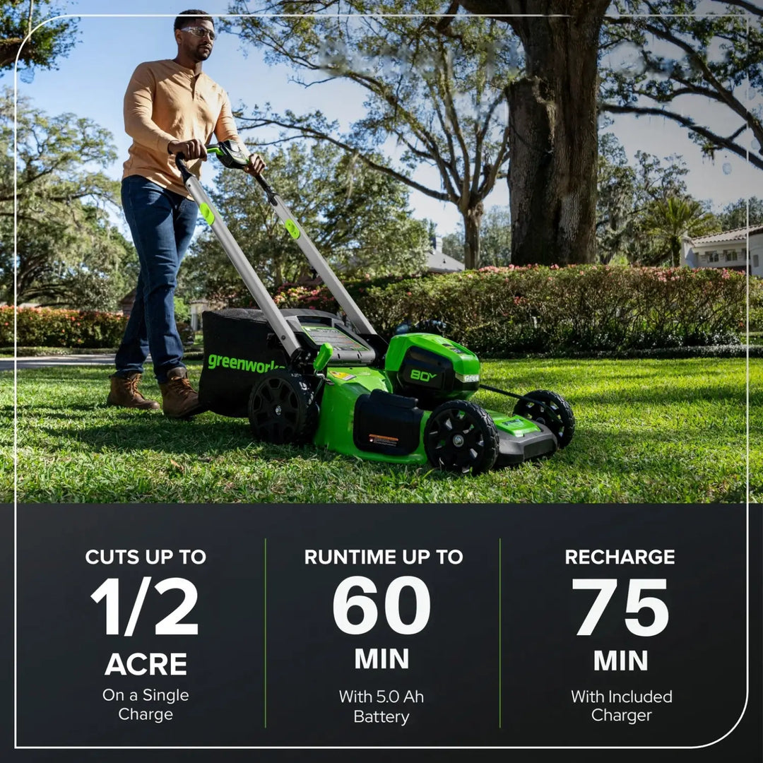 80V 21" Cordless Battery 4-in-1 Push Lawn Mower: 5.0 Ah Battery and 4A Charger, LM2108