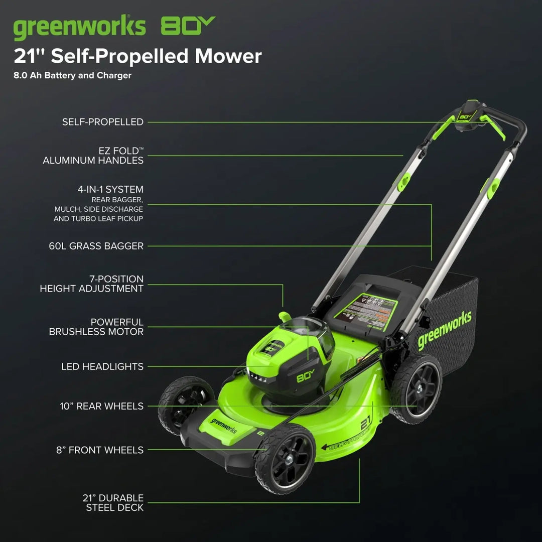 80V 21" Cordless Battery 4-in-1 Self-Propelled Lawn Mower, 8.0 Ah Battery and 6A Charger, LM2108S