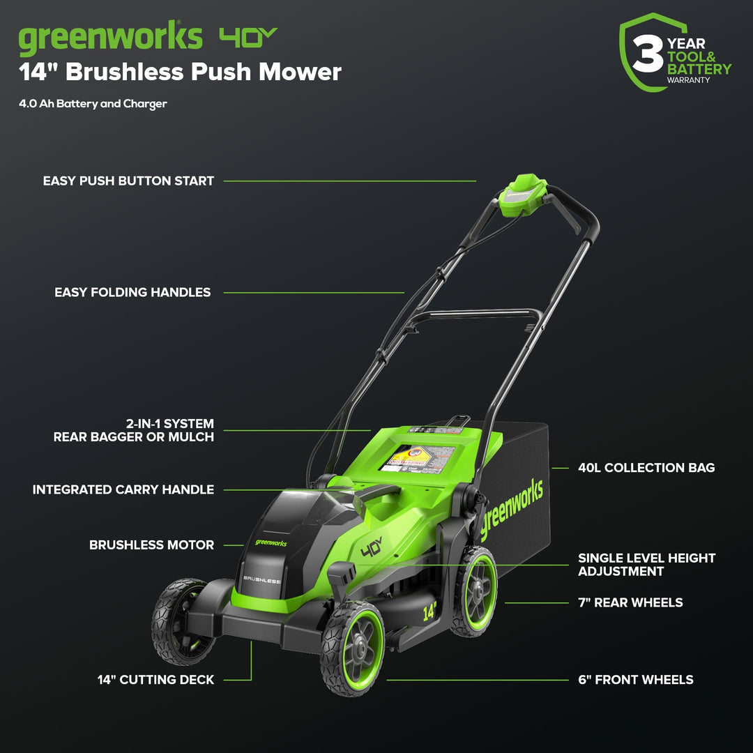 40V 14" Cordless Battery BL Push Lawn Mower: 4.0 Ah Battery and Charger, LM1414