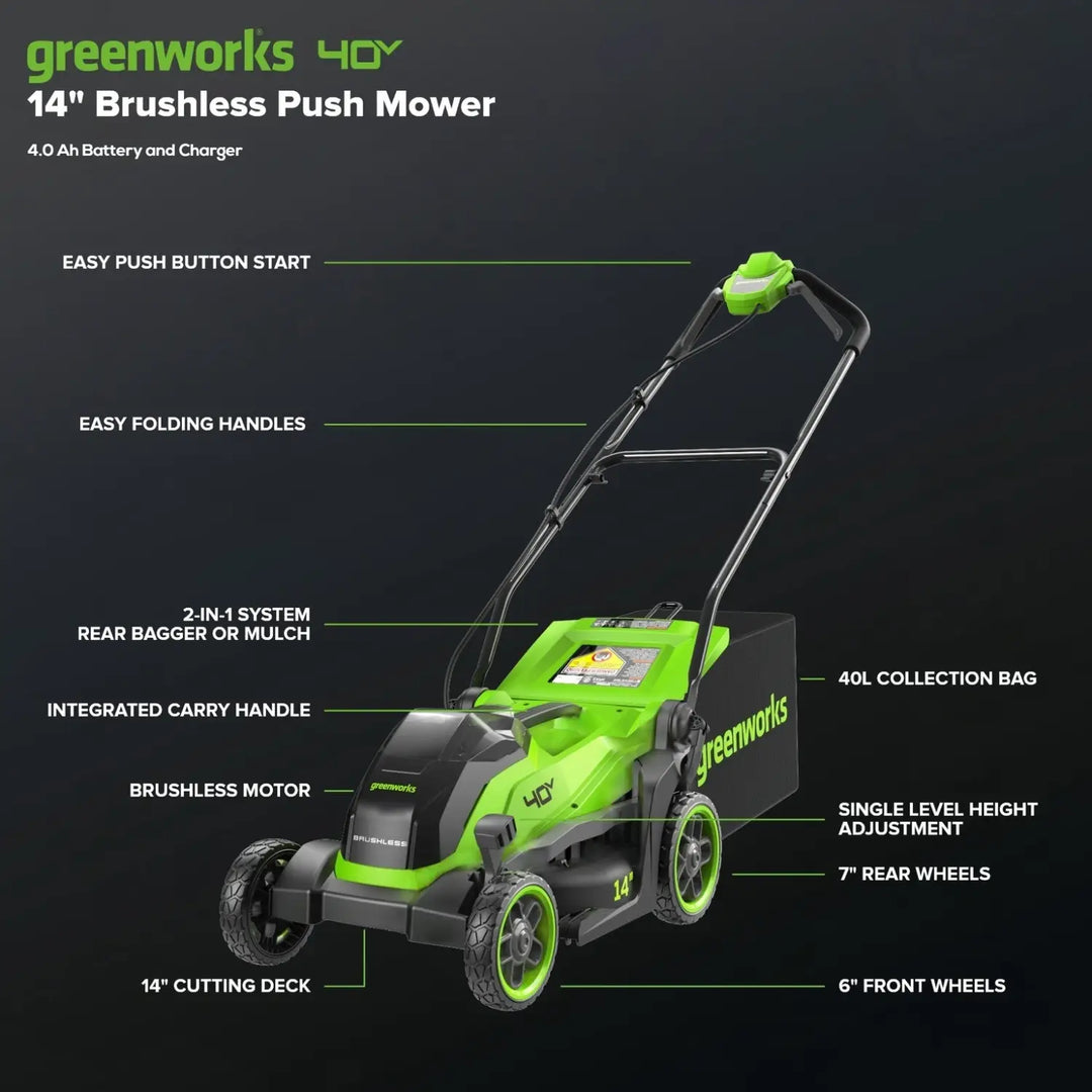 40V 14" Cordless Battery BL Push Lawn Mower: 4.0 Ah Battery and Charger, LM1414