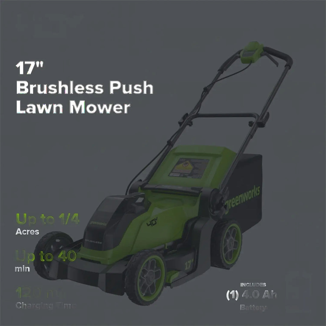 40V 17" Cordless Battery Brushless Push Lawn Mower: 4.0 Ah Battery and Charger, LM1724