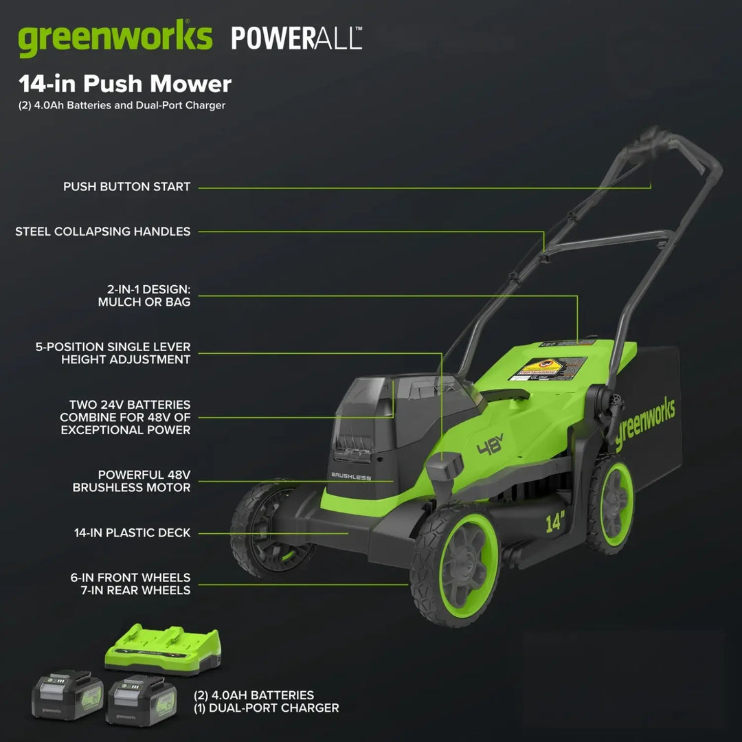48V (24V x 2) 14" Cordless Battery Brushless Push Lawn Mower: (2) 4.0 Ah Battery and 2A Dual-port Charger, LM1412