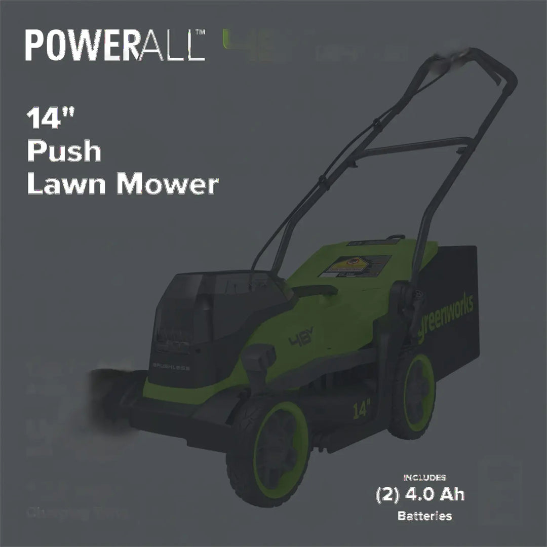 48V (24V x 2) 14" Cordless Battery Brushless Push Lawn Mower: (2) 4.0 Ah Battery and 2A Dual-port Charger, LM1412