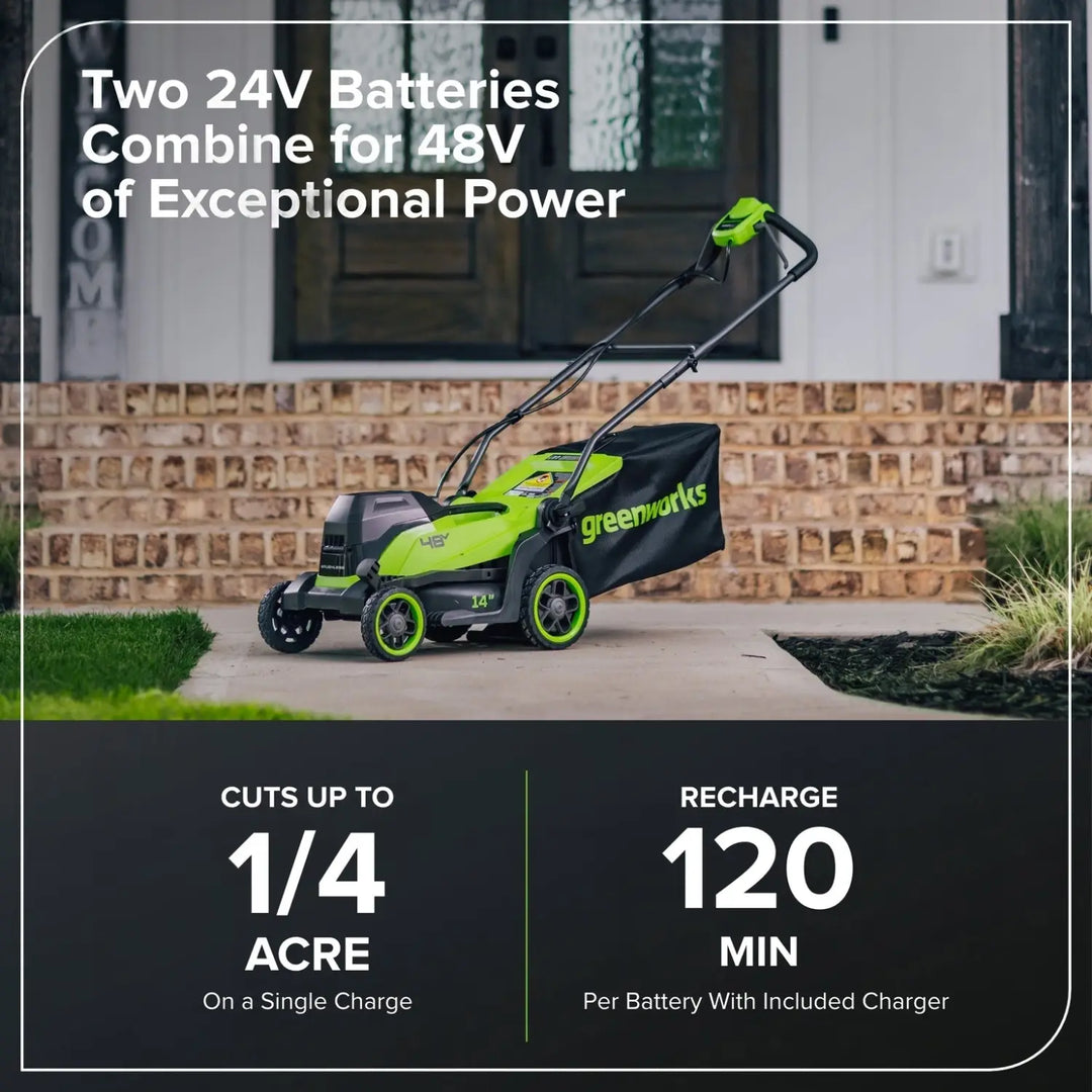 48V (24V x 2) 14" Cordless Battery Brushless Push Lawn Mower: (2) 4.0 Ah Battery and 2A Dual-port Charger, LM1412