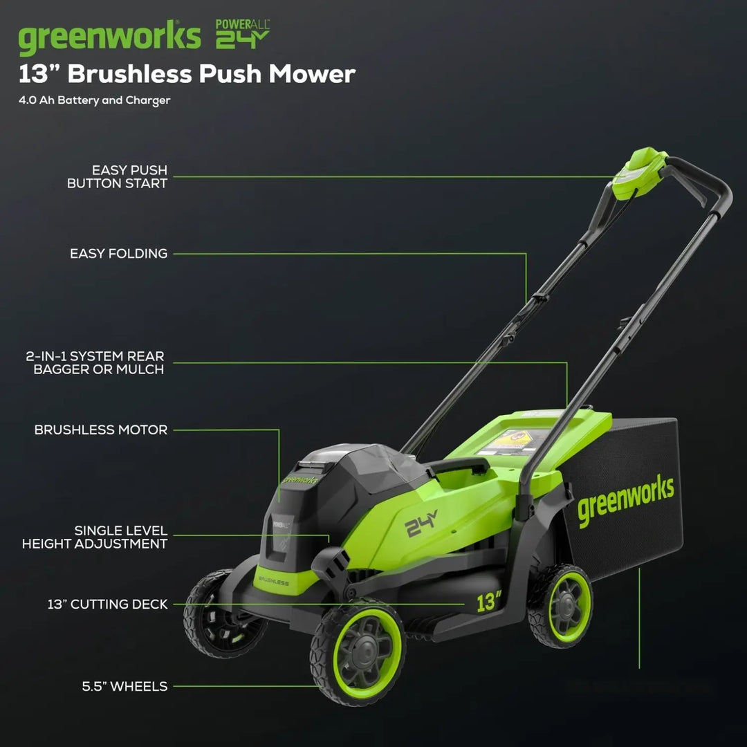 24V 13" Cordless Battery Brushless Push Lawn Mower: 4.0 Ah Battery and Charger, LM1322