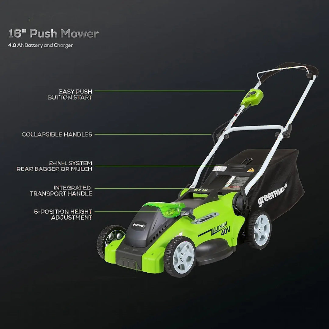 40V 16" Cordless Battery Push Lawn Mower w/ 4.0Ah Battery & Charger, LM1604