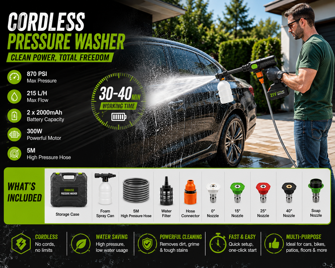 PoolLeader Cordless Car Washer – 6-in-1 Nozzle & Foam Cannon