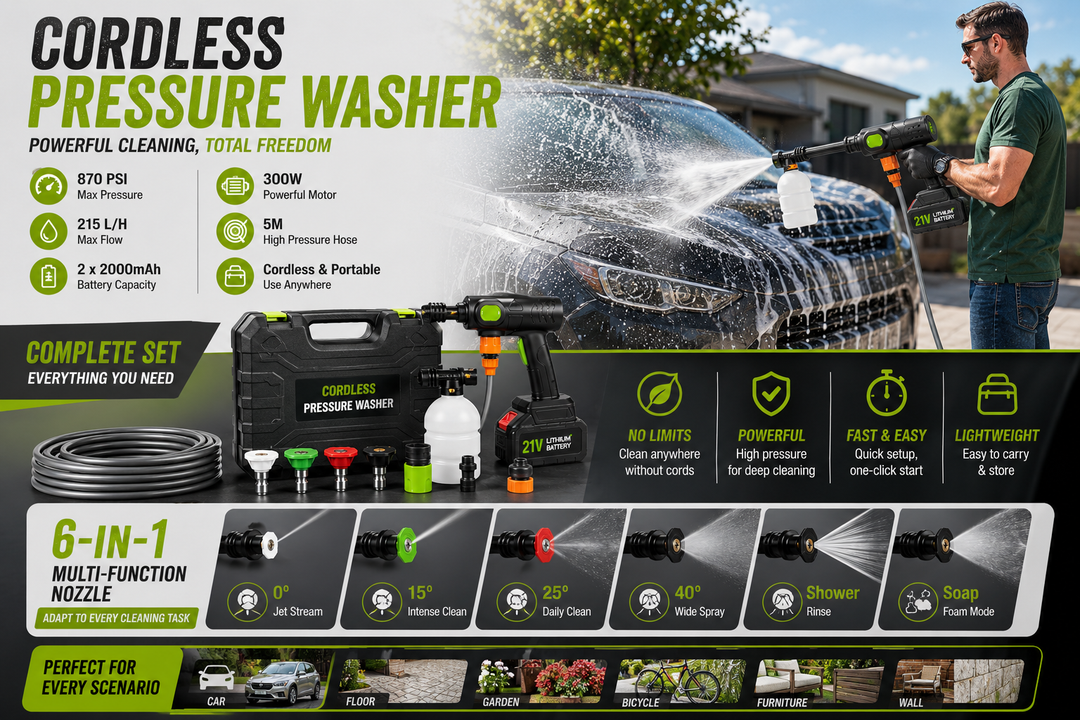 PoolLeader Cordless Car Washer – 6-in-1 Nozzle & Foam Cannon