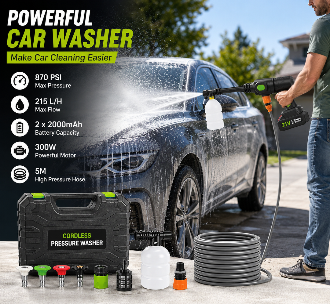 PoolLeader Cordless Car Washer – 6-in-1 Nozzle & Foam Cannon