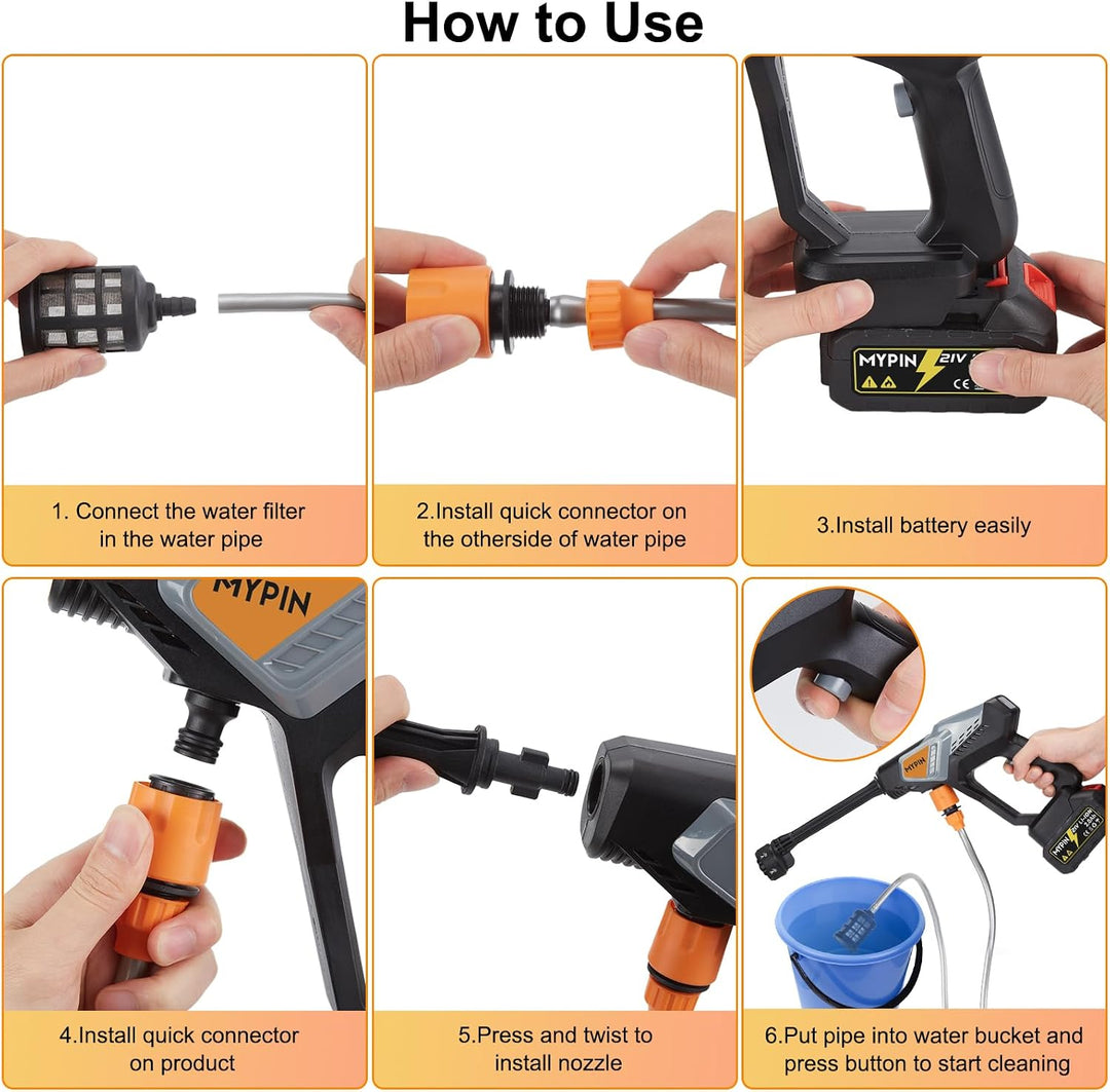 MYPIN 600 PSI Cordless Pressure Washer – 21V, Dual Batteries & 6-in-1 Nozzle