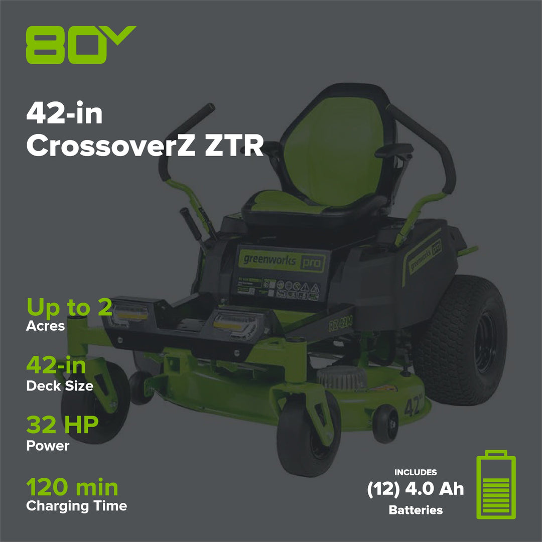 80V 42" Cordless Battery CrossoverZ Zero Turn Lawn Mower, Twelve (12) 4.0 Ah Batteries and (3) Dual-Port Turbo Chargers, CRZ4281