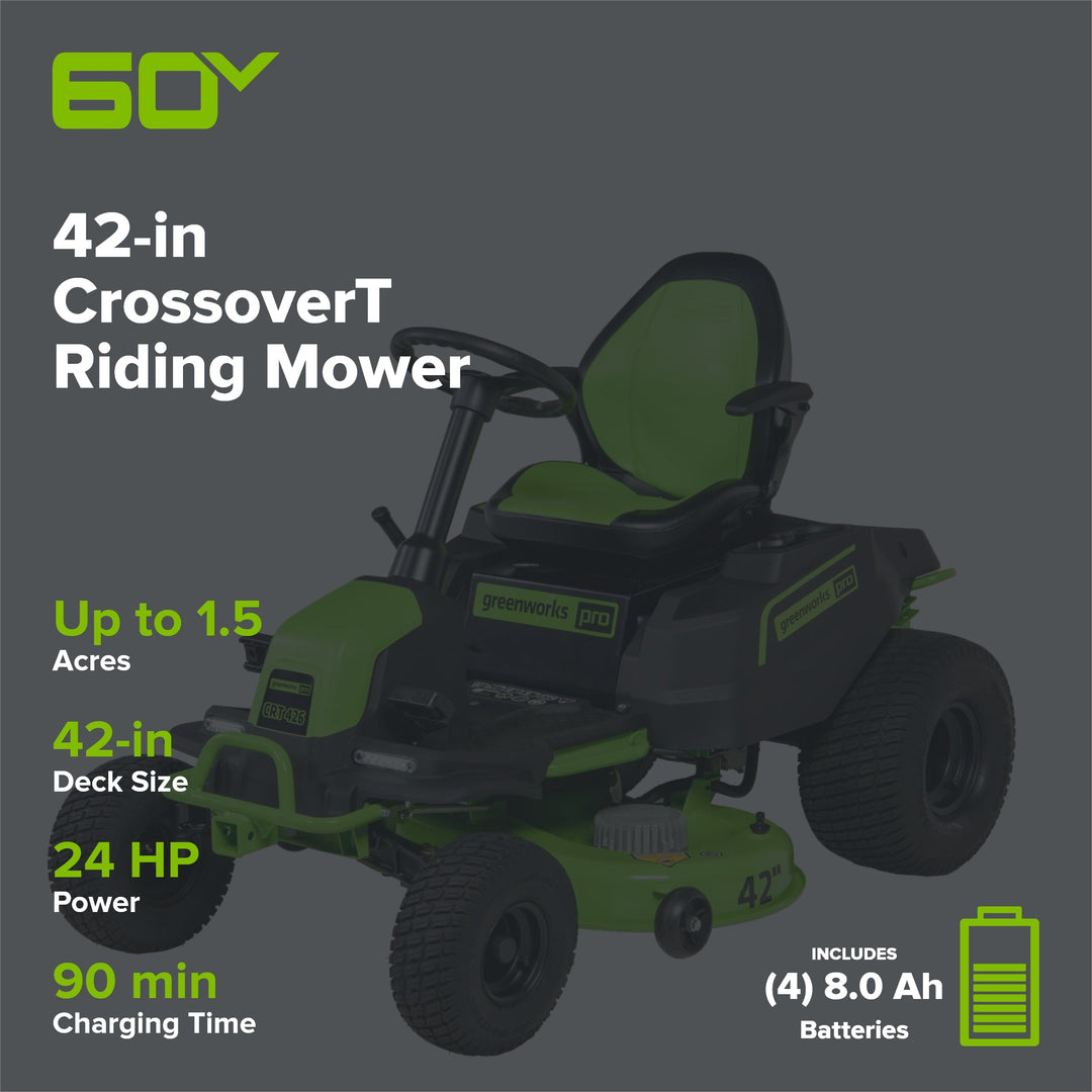 RENEWED 60V 42" Cordless Battery CrossoverT Riding Lawn Mower, (4) 8.0 Ah Batteries and (2) Dual-Port Turbo Chargers, CRT4262