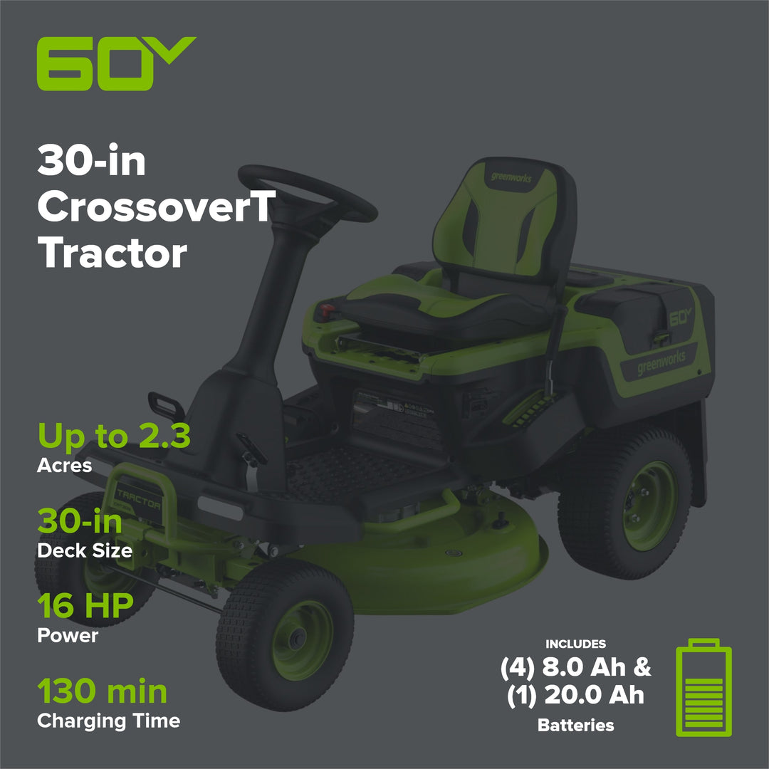 60V 30" CrossoverT Riding Lawn Tractor, Bagger Included, (4) 8.0 Ah (1) 20.0Ah Batteries and 600-Watt Charger, CRT3062