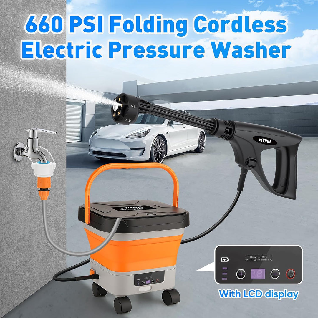 MYPIN 660 PSI Cordless Pressure Washer – 3.4-Gal Folding Tank & 7 Pressure Levels