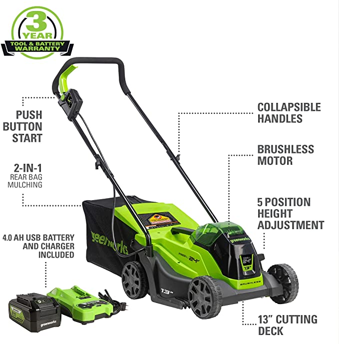 24V 13" Cordless Battery BL Push Lawn Mower: 4.0 Ah Battery and Charger, LM1312