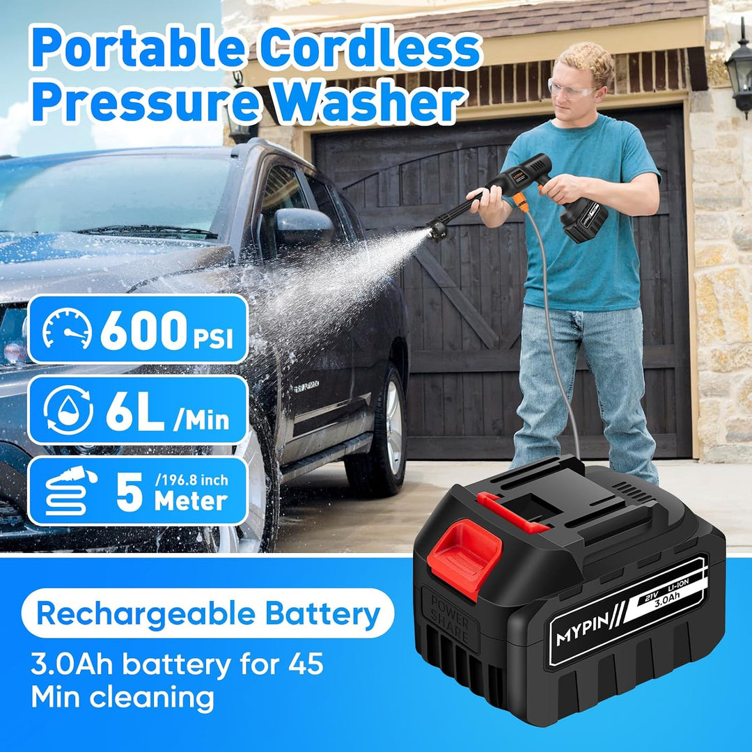 MYPIN 600 PSI Cordless Pressure Washer – 21V 3.0Ah, 6-in-1 Nozzle