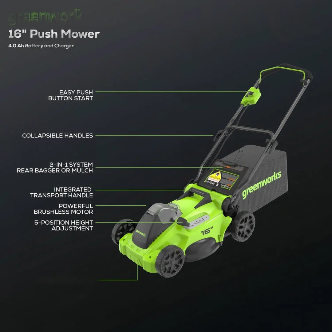 40V 16" Cordless Battery Brushless Push Lawn Mower: 4.0 Ah Battery and Charger, LM1624