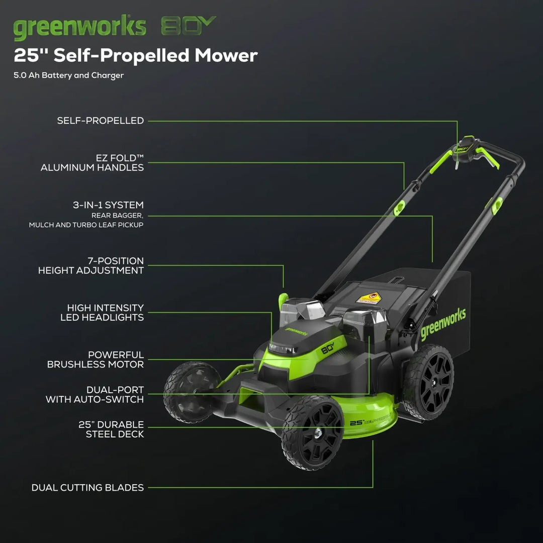 80V 25" Cordless Battery Dual Blade Self-Propelled Mower: 5.0 Ah Battery and Rapid Charger, LM2508S