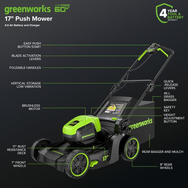 60V 17" Cordless Battery Push Lawn Mower: 4.0 Ah Battery and Charger, LM1716