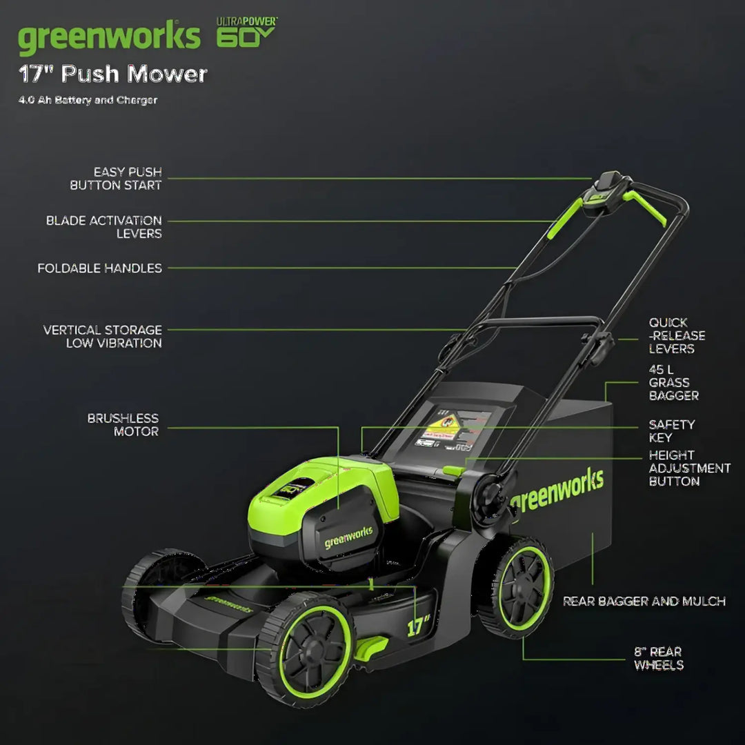 60V 17" Cordless Battery Push Lawn Mower: 4.0 Ah Battery and Charger, LM1716