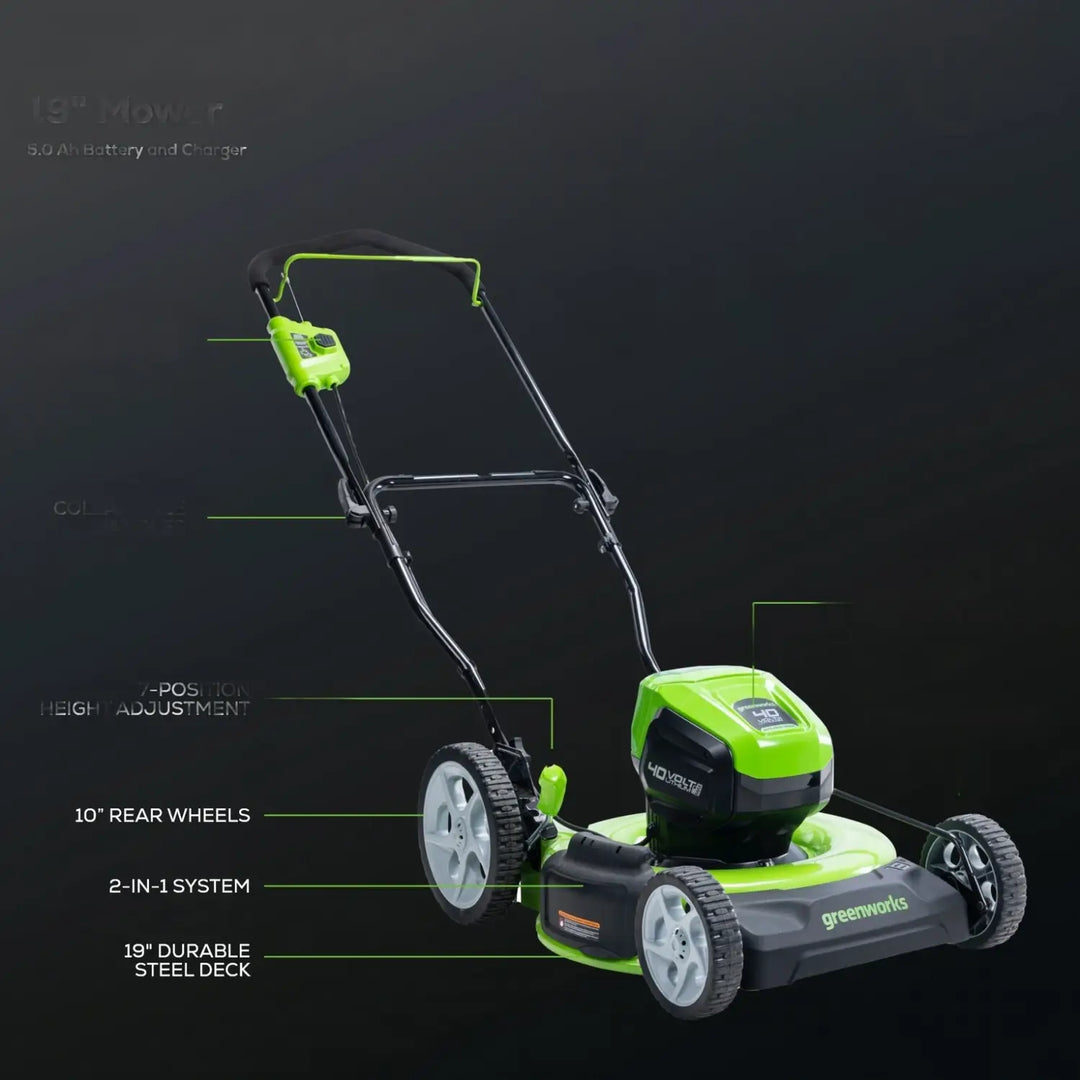 40V 19" Cordless Battery Push Lawn Mower: 5.0 Ah USB Battery and Charger, LM1934