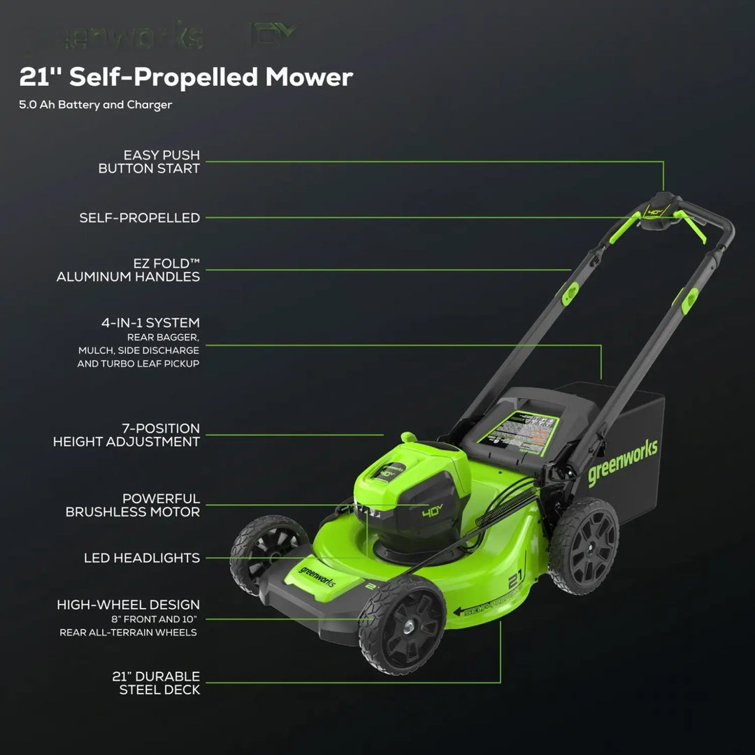 40V 21" Cordless Battery Self-Propelled Lawn Mower: 5.0 Ah Battery and 2A Charger, LM2144S