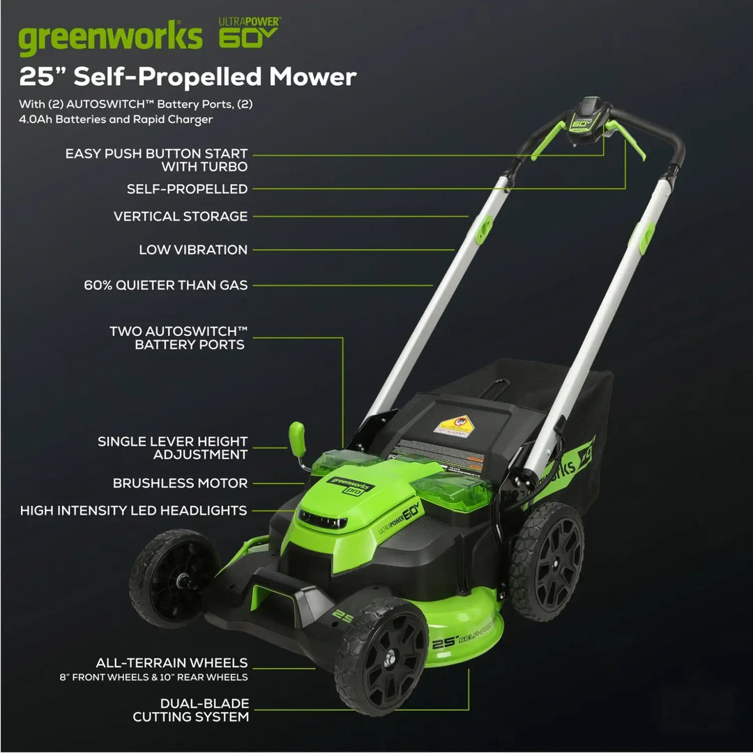 60V 25" Cordless Battery Dual Blade Self-Propelled Lawn Mower w/ Two (2) 4.0Ah Batteries & Dual-Port Charger, LM2516S