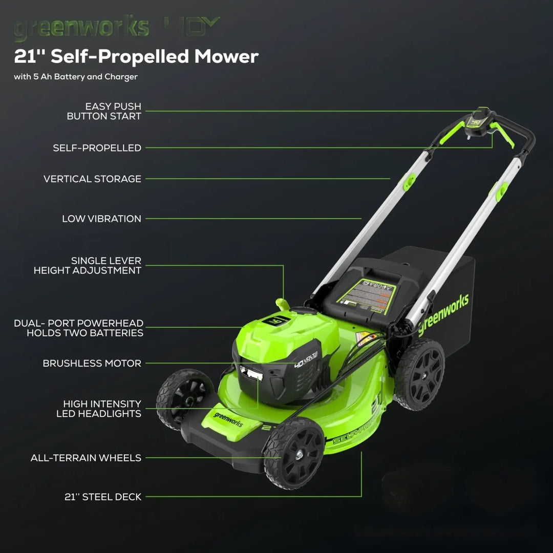 40V 21" Cordless Battery Self-Propelled Lawn Mower: 5.0 Ah USB Batteries and Charger, LM2154S