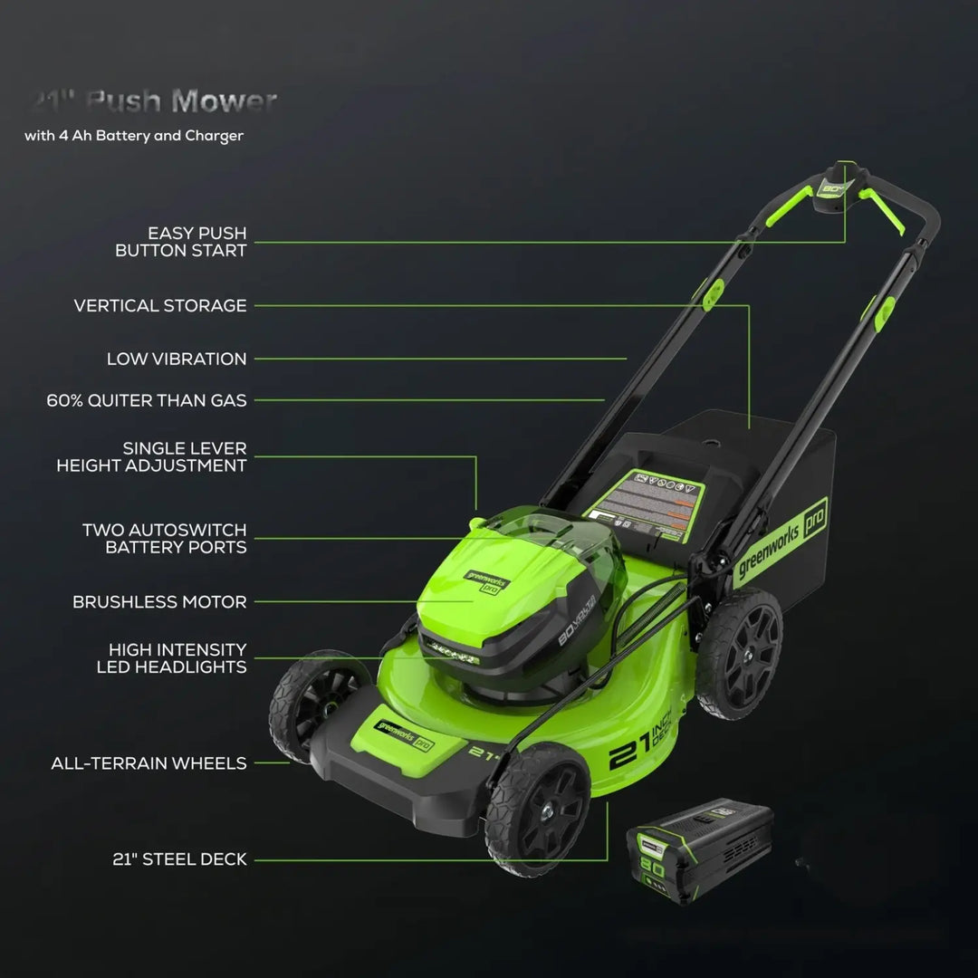 80V 21" GEN 2 Cordless Battery 4-in-1 Push Lawn Mower (Auto Switch): 4.0 Ah Battery and Charger, LM2118