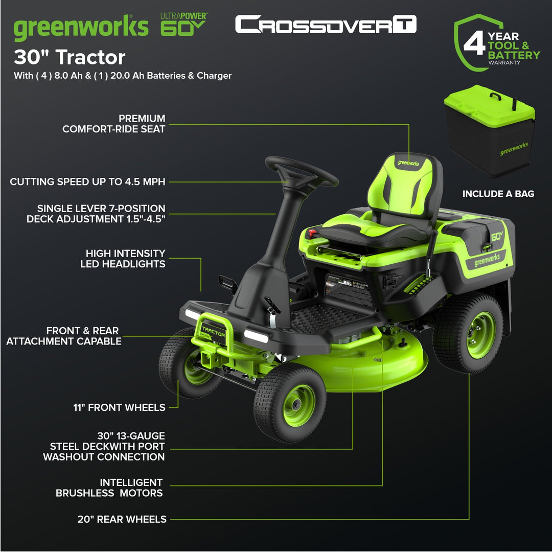 60V 30" CrossoverT Riding Lawn Tractor, Bagger Included, (4) 8.0 Ah (1) 20.0Ah Batteries and 600-Watt Charger, CRT3062