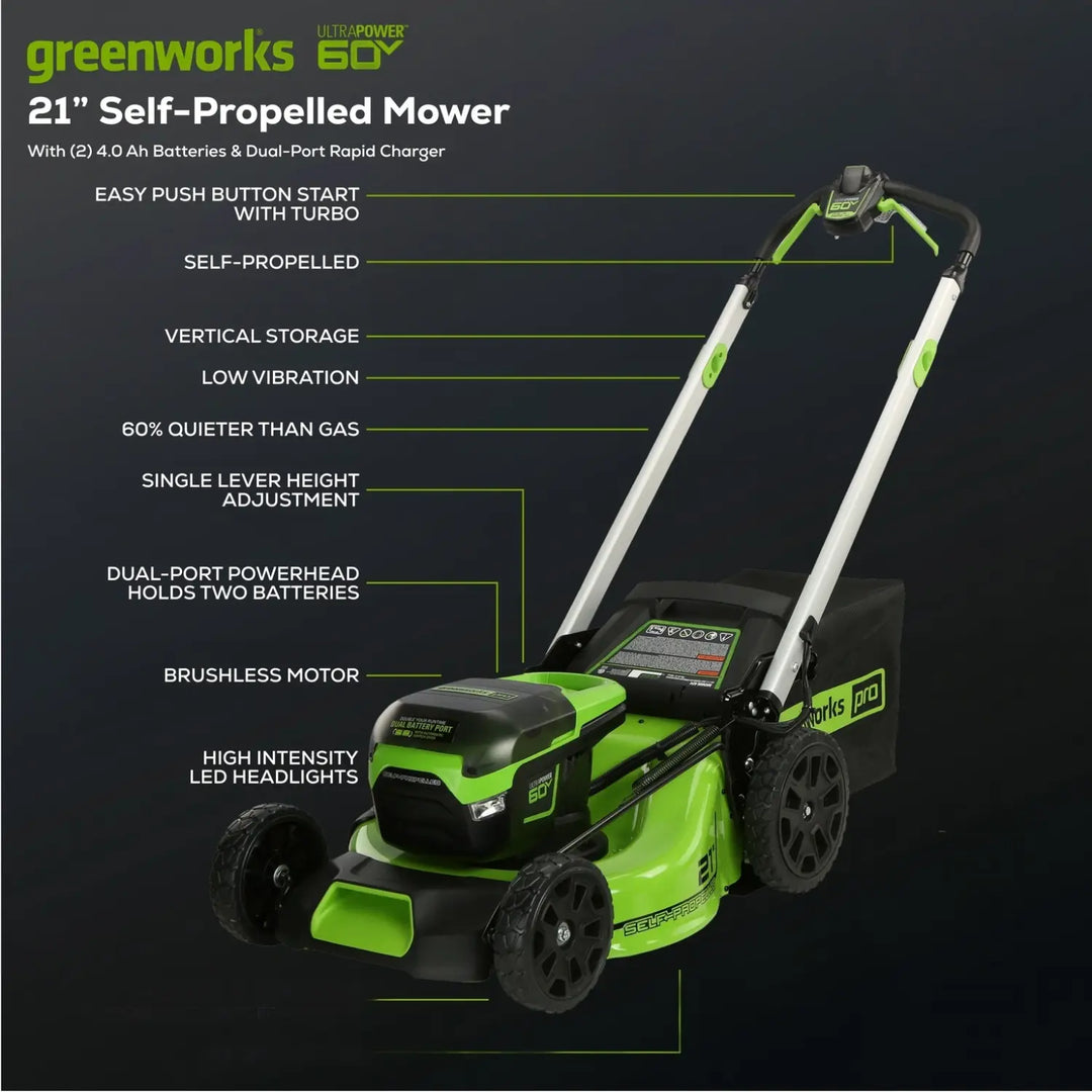 OPEN BOX 60V 21" Cordless Battery Self-Propelled Lawn Mower: (2) 4.0 Ah Batteries and Dual-Port Charger, LM2116S