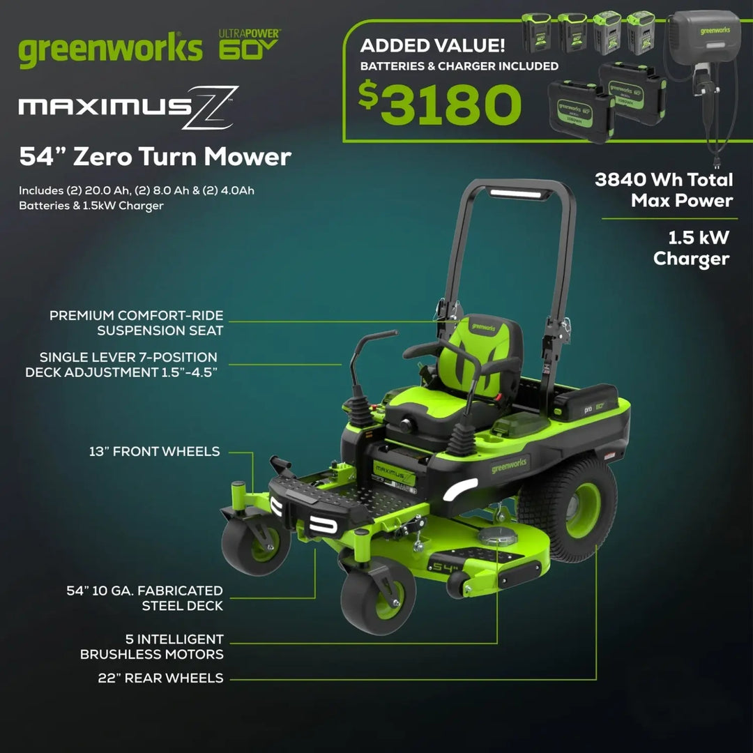 60V 54" MaximusZ Zero Turn Riding Mower: (2) 20.0 Ah (2) 8.0 Ah and (2) 4.0 Ah Batteries and 1.5kW Charger, MZ5461