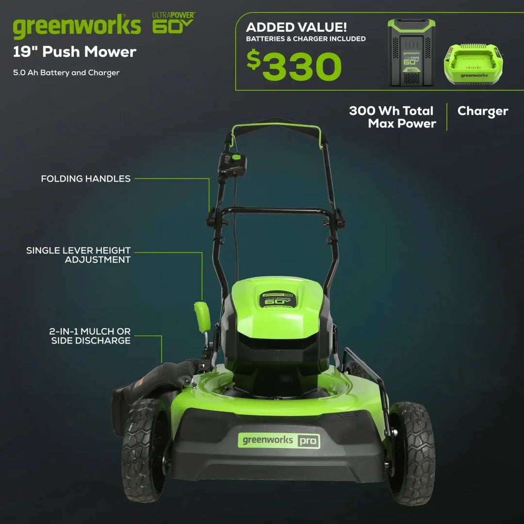 60V 19" Cordless Battery Push Lawn Mower w/ 5.0Ah Battery & Charger, LM1906