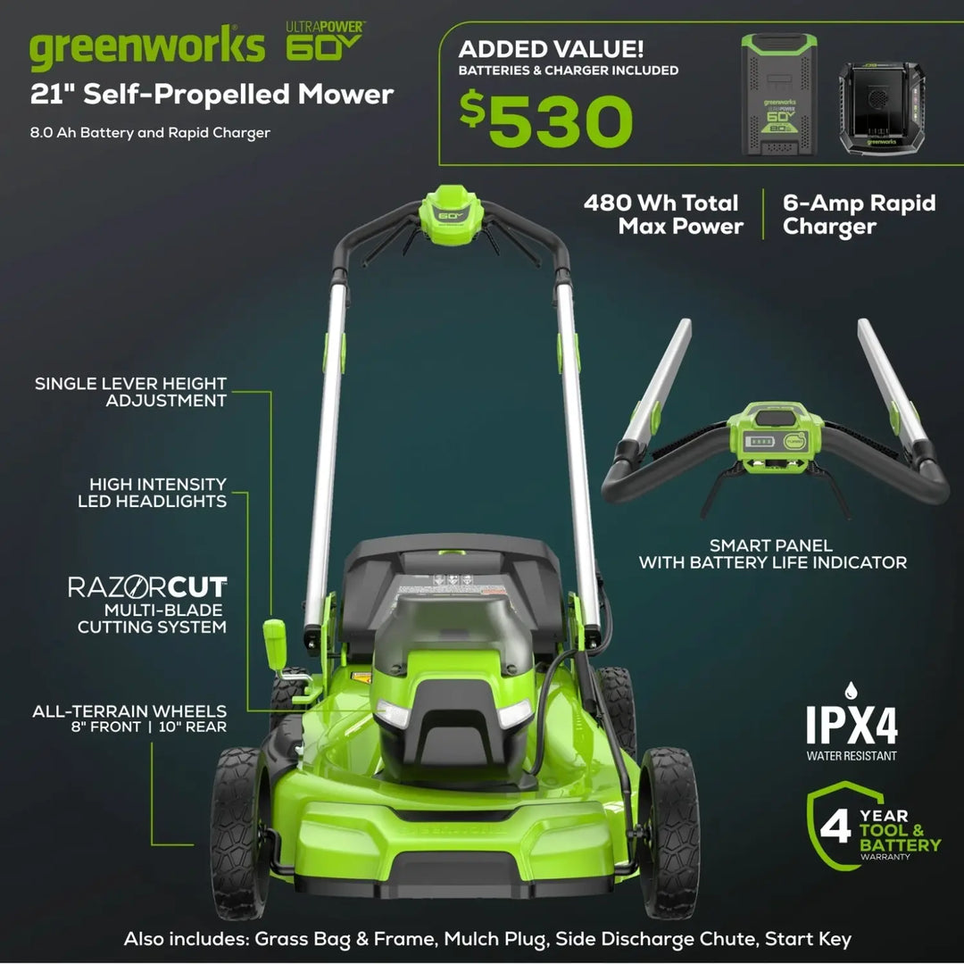 60V 21" Cordless Battery Dual Blade Self-Propelled Mower, (1) 8Ah battery and 6A Charger, LM2146S