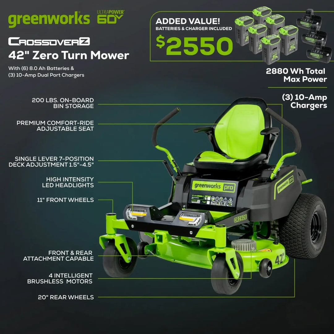 60V 42” Electric CrossoverZ Zero Turn Mower with (6) 8 Ah Batteries and (3) Dual Port Turbo Chargers, CRZ4261