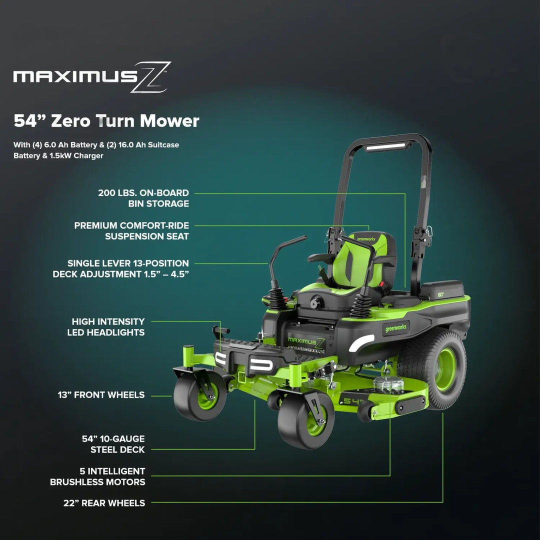 80V 54" MaximusZ Zero Turn Riding Mower: (2) 16.0 Ah and (4) 6.0 Ah Batteries and 1.5kW Charger, MZ5481